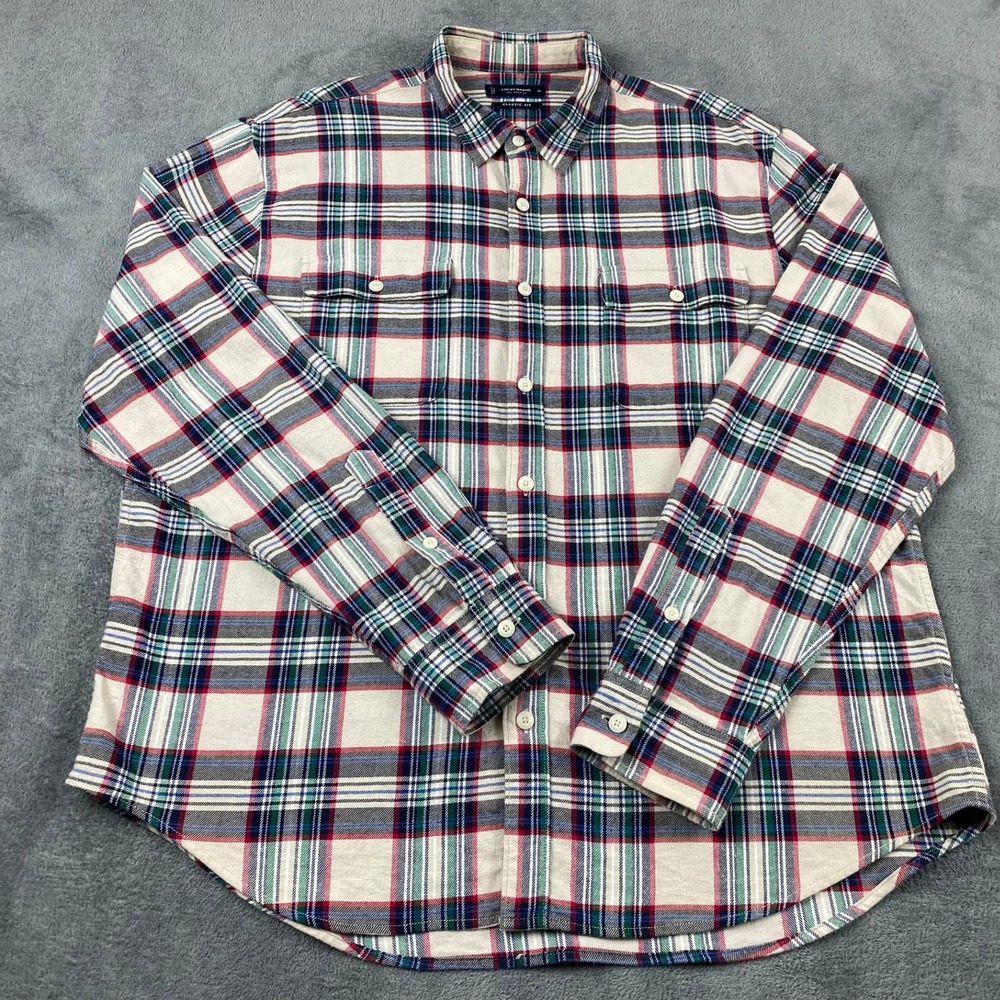 Lucky Brand Mens XL Shirt Cream Red Green Plaid Classic Fit Flannel Button Down